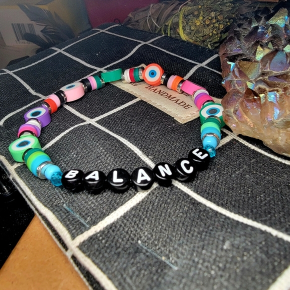 Balance Rainbow Evil Eye HANDMADE Beaded Word Bracelet - Picture 3 of 4